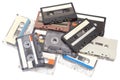 Collection of various vintage audio cassettes tapes, top view. Royalty Free Stock Photo