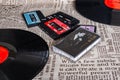 collection of various vintage audio cassette tapes and a vinyl disc Royalty Free Stock Photo