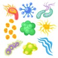 Flat vector set of various viruses. Structures of microorganisms under microscope. Microbiology theme