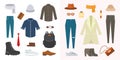 Collection of various wear and shoes for cold season. Mens autumn look. Women`s clothing set. Royalty Free Stock Photo