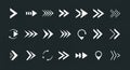 A collection of various white arrow icons on a dark background. The set features