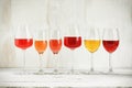 Collection of a various of wine in a glass, rose, red, white and champagne on a white wooden rustic table. Set of wines in a row Royalty Free Stock Photo