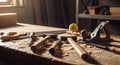 Woodworking tools scattered on a workbench with sawdust Royalty Free Stock Photo