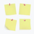 Collection of various yellow note papers with curled corner, pinned red pushbutton, ready for your message. Vector Royalty Free Stock Photo