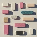 A collection of variously shaped and colored erasers arranged on a textured canvas. Royalty Free Stock Photo