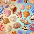 A collection of variously shaped and colored seashells and corals on a gradient Royalty Free Stock Photo