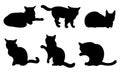 Set of vector icons black cats. Silhouettes of pets in different poses. The predator sits, walks, lies, washes, plays. Isolated on