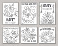 Collection of vector black and white Mothers Day cards with cute boho animals. Pre-made designs or coloring pages with woodland