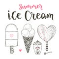 Collection of vector cartoon ice cream set. Cones and cute ice creams in doodle style. Vector set with lettering