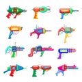 Collection of vector cartoon style illustration of futuristic colorful blasters isolated on white background