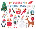 Collection of cute Christmas and New Year flat cartoon elements. Santa Claus, tree. Vector illustration isolated on white. Royalty Free Stock Photo