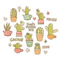 Hand drawn cacti doodle sketch set for stickers, prints, design and decor Royalty Free Stock Photo