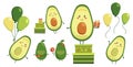 Diverse collection of vector cute smiling avocado heroes isolated on white. Set of fruit characters with flying yellow Royalty Free Stock Photo