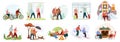 Vector collection elderly couples Set of seniors men and women spend time together at different season relaxing in tent