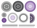 Collection vector elements of mandala. Round pattern, frames, label, borders in black and purple colors. Royalty Free Stock Photo
