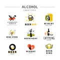 Collection of vector flat alcohol beverages logo set isolated on white background. Royalty Free Stock Photo