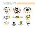 Collection of vector flat fast food and coffee logo set isolated on white background. Royalty Free Stock Photo