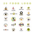 Collection of 20 vector flat meal, fast food, coffee and alcohol logo and icons set isolated on white background.