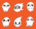 Set of vector ghosts icons. Spirits in different poses. Sad, angry, scary, smiling, poltergeist. Isolated illustration. Hand-drawn