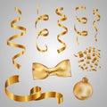 Collection of vector gold ribbons, golden confetti, golden Christmas ball and golden bow. Design element Royalty Free Stock Photo