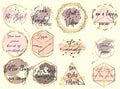 Collection of vector golden frames wish watercolor spots in female style with quotes