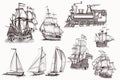 Collection of vector hand drawn high detailed ships and train Royalty Free Stock Photo