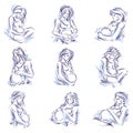 Collection of vector hand-drawn illustration of pregnant elegant Royalty Free Stock Photo