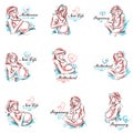 Collection of vector hand-drawn illustration of pregnant elegant woman expecting baby, sketch. Pregnancy and maternity