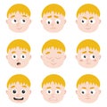 Collection of vector heads with different emotions avatars. Kind character blond boy with different mood. Royalty Free Stock Photo