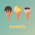 Collection of 3 vector ice cream illustrations. Flat design.