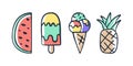 Collection of vector ice cream watermelon and pineapple illustrations drawn by hand isolated on background Royalty Free Stock Photo