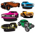 Collection of vector illustration with colored classic cars