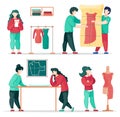 Collection of vector illustration, sewers, designers working in sewing shop or fashion atelier