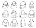 Collection of 12 vector illustrations of female bags
