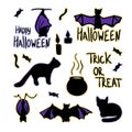 Collection vector illustrations for Halloween day stickers with cats, sweets, spiders and cobwebs. Royalty Free Stock Photo