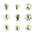 Collection of vector illustrations of happy abstract human with raised hands up. Phytotherapy metaphor.
