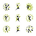 Collection of vector illustrations of happy abstract human with raised hands up. Phytotherapy metaphor.
