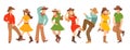 Collection of vector illustrations with pairs of country dancers. Blondites in colorful traditional clothes dance in the American