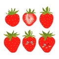 Collection of vector illustrations of whole and half strawberry berries in a flat style.
