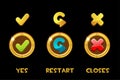 Collection of vector isolated golden buttons and icons yes, restart, closed. Royalty Free Stock Photo