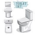 A isolated set of vector toilets with square flaps on top, side and front