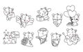 Collection of Vector Kawaii Brown Bear Coloring Page. Set of Isolated Cartoon Baby Animals Outline