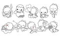 Collection of Vector Kawaii Dino Coloring Page in Love. Set of Isolated Cartoon Baby Dino Outline.