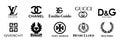 Collection vector logo popular clothing brands: GUCCI, Dolce Gabbana, Givenchy, Louis Vuitton, Fred Perry, CHANEL, Tory Burch, Royalty Free Stock Photo