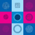 Collection of vector microchip designs, cpu. Information communication technology elements with multidirectional arrows, circuit