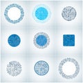 Collection of vector microchip designs, cpu. Information communication technology elements with multidirectional arrows, circuit