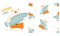 Collection of vector prints for printing on children's products. Cute Polar bear holding surfboard. Seamless vector