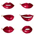 Collection of vector red female lips with makeup, different emotions of ladies. Simple beautiful female open and close up lips