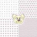 Collection of vector seamless patterns with polka dot and heart. Cute feline design element. For scrapbooking and cardmaking set.