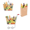 Collection of vector Shopping bag. Shopping basket with foods. Shopping cart full with groceries isolated on white background. Royalty Free Stock Photo